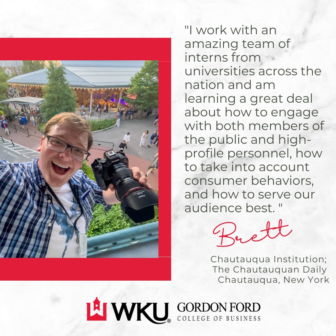🔴 Junior Marketing student, Brett Phelps is an intern for Chautauqua Institution; The Chautauquan Daily.

⚪ Brett calls his internship experience life-changing!

 #wku #youbelongatgfcb #internship #nationalinternday23