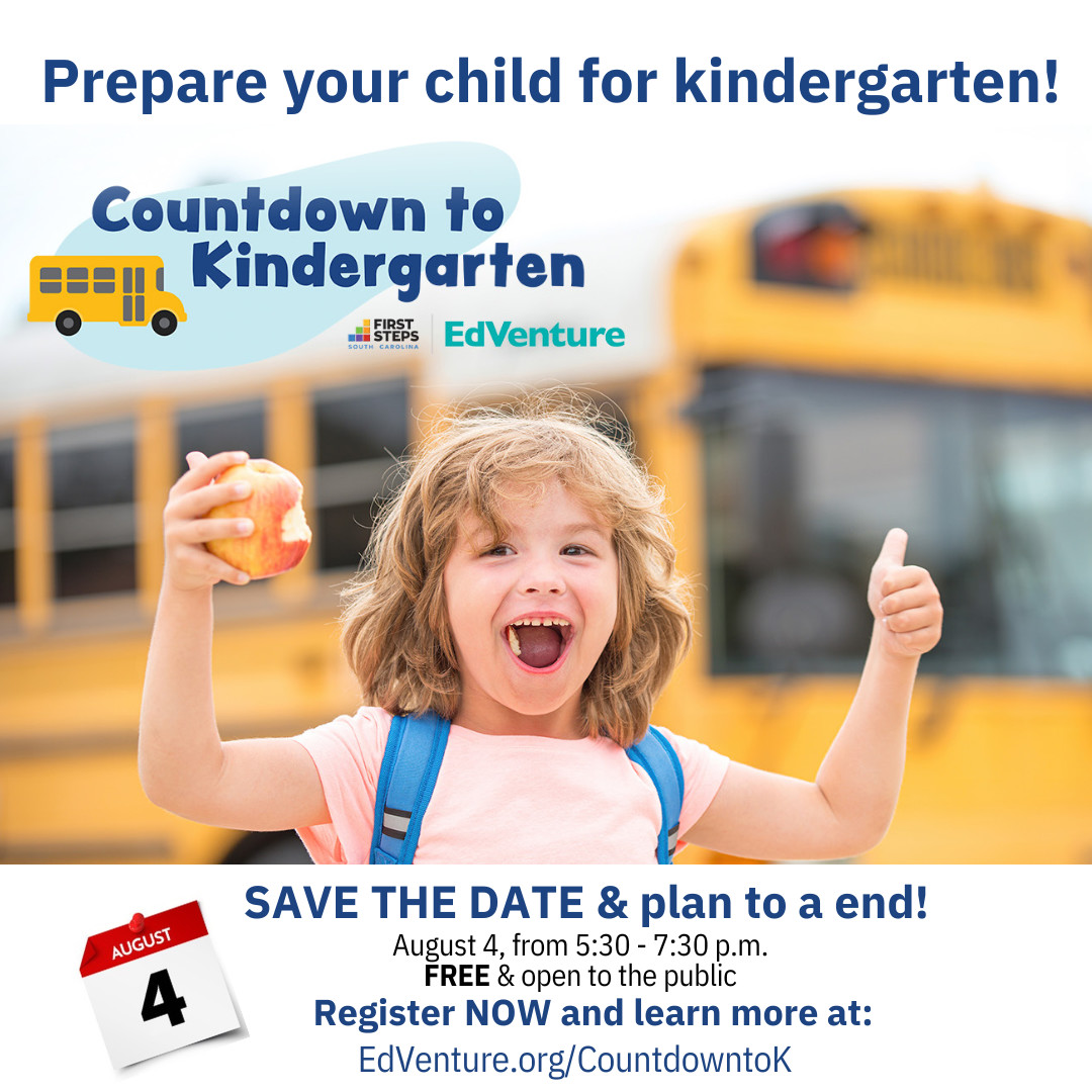 Join <a href="/SCFirstSteps/">South Carolina First Steps</a> and EdVenture on Friday, August 4, from 5:30 – 7:30 p.m. for Countdown to Kindergarten! 

Thanks to our friends at <a href="/SCDentalAssoc/">SCDA</a>, this event will have FREE dental screenings available for children! 🦷

We hope to see you there!