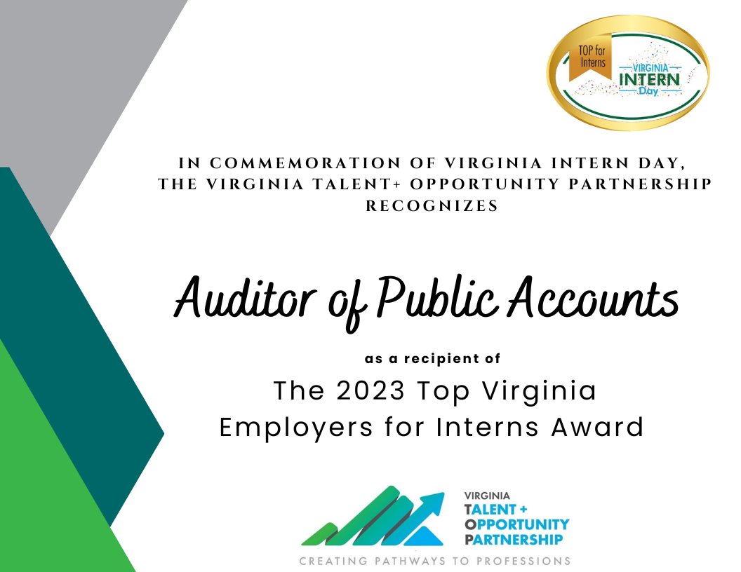 <a href="/Va_APA/">Virginia APA</a> has been named one of Virginia’s Top Employers for Interns by the <a href="/VirginiaTOPorg/">Virginia TOP</a> and RVA Collab of <a href="/ChamberRVA/">ChamberRVA</a> for providing work-based learning opportunities for students. bit.ly/46ZXcJU. Learn more about the APA's internship program at lnkd.in/ePQ3yXhR.