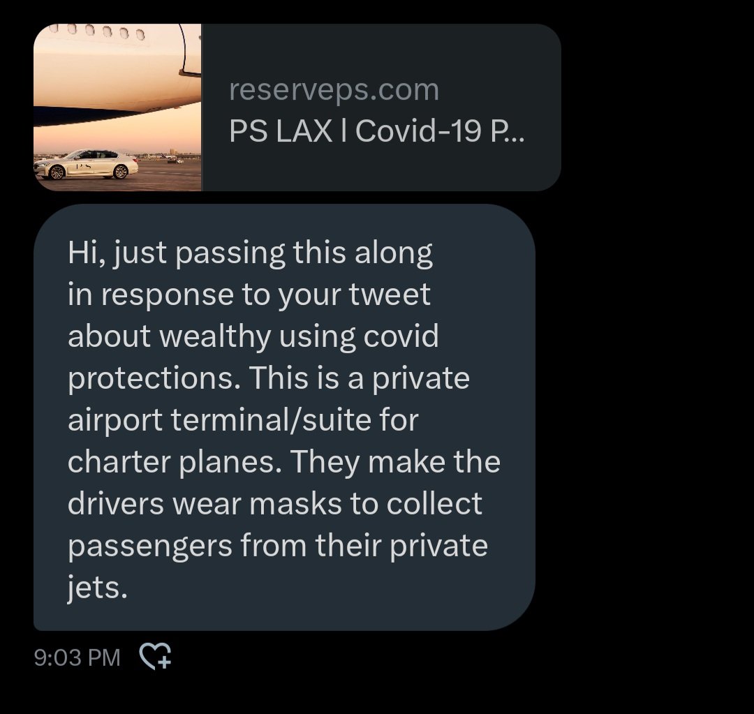 RealGayArbys's tweet image. WOW. Major airports have private terminals where the ultra-wealthy board their private jets. And guess what? The drivers who shuttle people from their planes? They wear masks without even being asked. They're required to! Because the rich expect this! It's STANDARD, around them!