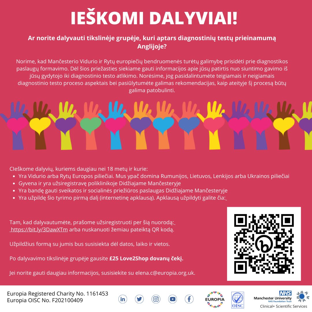 📣There is still #time to #sign up for our #focus groups!🤩

👉🏻Participants will receive a £25 Love2Shop voucher as compensation for their time.

⭐Use the registration form if you are interested: bit.ly/3DawXTm

For more info, visit: europia.org.uk/health-wellbei…