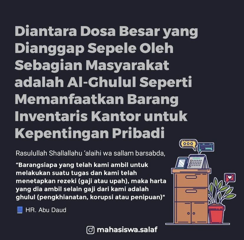 lilaccountz's tweet photo. Contohnya banyak bgt ni, dari yg besar sampe yg sepele:

- mobil dinas yg dipake buat jalan2 keluarga
- pulpen kantor untuk nugas kuliah
- dsb

Sampe2 Umar bin Abdul Aziz aja matiin lampu kantornya saat anaknya masuk utk konsultasi masalah keluarga 😭 https://t.co/sNQYNbIu4P