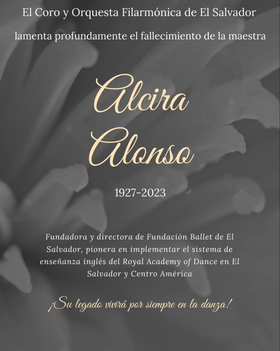 filarmonicasv's tweet photo. Lamentamos profundamente el fallecimiento de la maestra Alcira Alonso.

Pionera en implementar el sistema de enseñanza inglés del Royal Academy of Dance en El Salvador y Centro América, así como en la gestión cultural de El Salvador. 

¡Maestra, será siempre baile! https://t.co/uBdrDHA9Gj