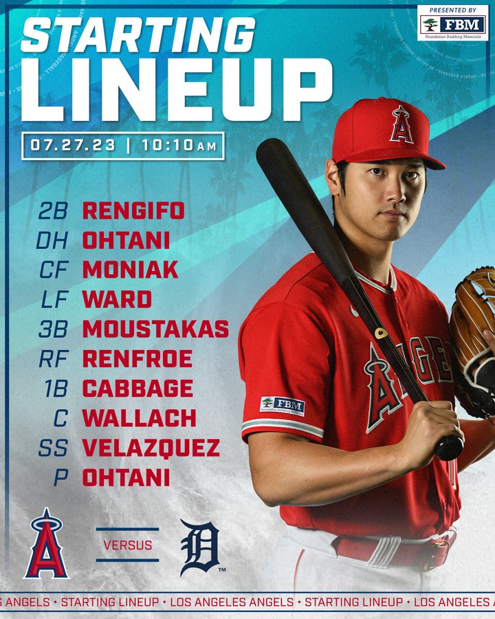 July 27 Game 1 Lineup: 2B Rengifo, DH Ohtani, CF Moniak, LF Ward, 3B Moustakas, RF Renfroe, 1B Cabbage, C Wallach, SS Velazquez, P Ohtani