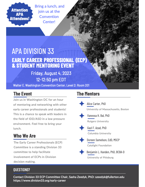 aaiddpsych's tweet photo. Attending the 2023 APA Convention? 

Join APA Division 33 in their Early Career Professional (ECP) &amp; Student Mentoring event on Friday, August 4, 2023, from 12–12:50 pm EDT! 

#APA2023 #APA https://t.co/qlBbS5l0gp