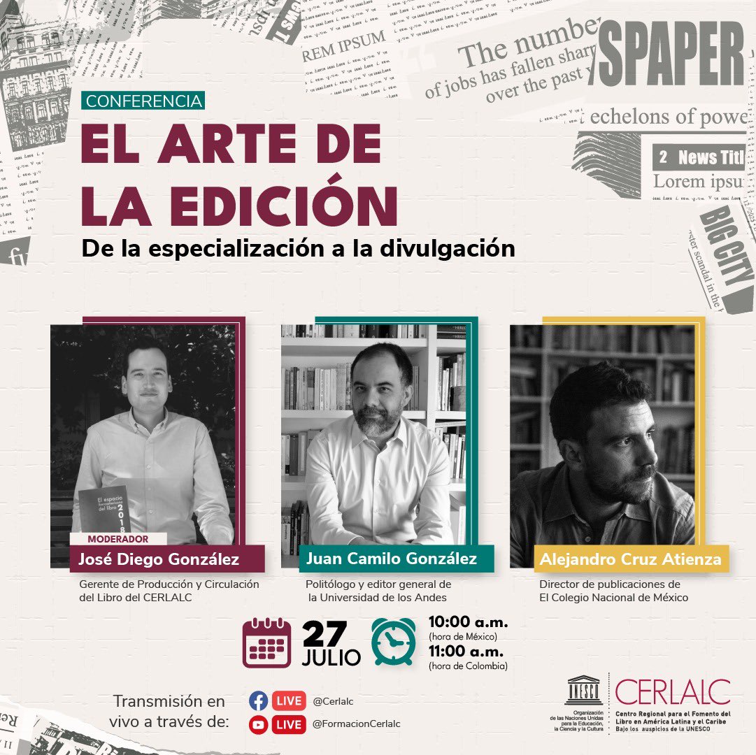 Cerlalc's tweet photo. #CerlalcDestaca 📣
📚 ¡Estamos en vivo! Te invitamos a la conferencia "El arte de la edición. De la especialización a la divulgación". Conéctate para conocer el proceso editorial de la mano de Juan Camilo González, editor general de @Uniandes y Alejandro Cruz Atienza (@alcatienza), director de publicaciones del @ColegioNal_mx.

Transmisión únicamente por YouTube: https://t.co/jp9LZHcww6
