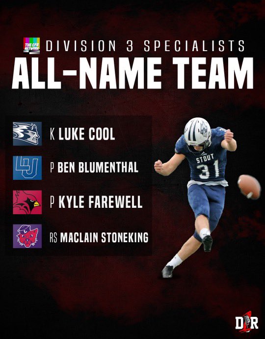 The College Football Network (@thecfbnetwork) on Twitter photo Here are the <a href="/D1_Rejects/">Division 1 Rejects</a> X <a href="/thecfbnetwork/">The College Football Network</a> Division III All-Name Team selections Here are the <a href="/D1_Rejects/">Division 1 Rejects</a> X <a href="/thecfbnetwork/">The College Football Network</a> Division III All-Name Team selections