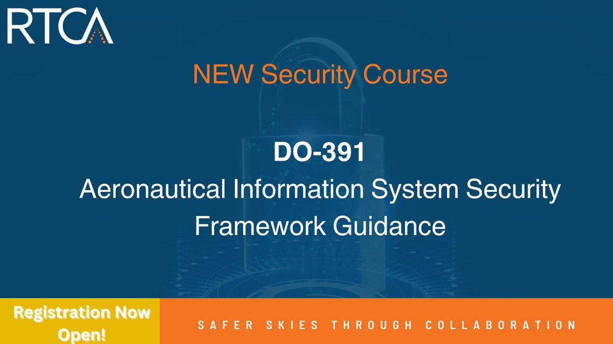 Join us September 19-20 as we kick off the first course in our brand new security course series, DO-391, Aeronautical Information System Security Framework Guidance.

#RTCA #cybersecurity #aviationsecurity #riskmanagement #riskassessment