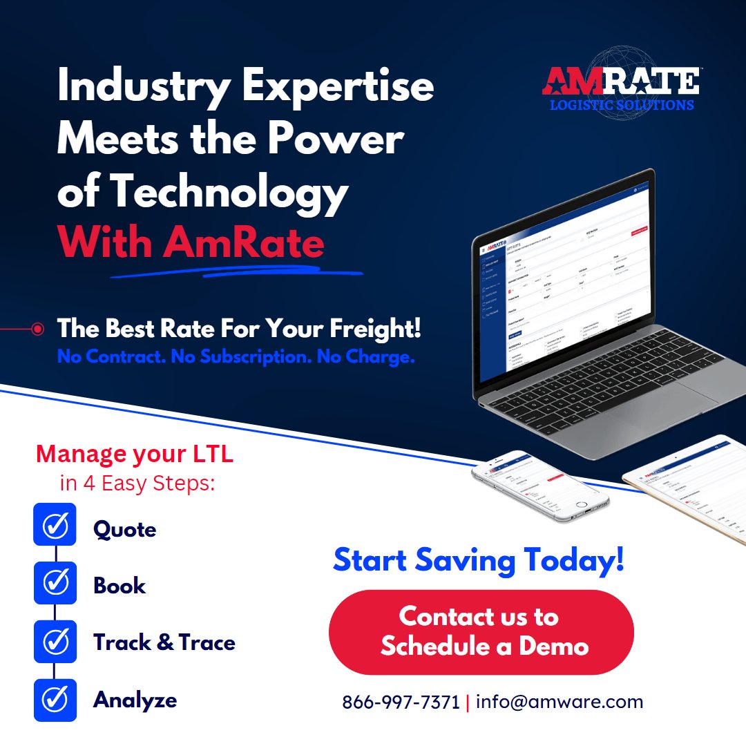AmwareCompanies's tweet photo. Say goodbye to manual processes and hello to efficiency, cost savings, and total control. Experience the power of rate optimization, customizable dashboards, seamless carrier management, and more – all with no contract or subscription. Discover the benefits of AmRate today! https://t.co/fFAzaPAfTz
