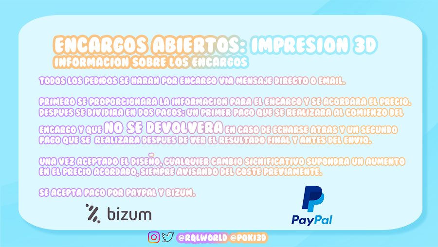 poki3D's tweet photo. ✨COMMISIONS OPEN✨

Os dejamos aquí la información nueva acerca de los encargos sobre impresión 3D que aceptamos @rqlworld y yo. 

Recordamos que es todo hecho y pintado a mano 🩵

Se agradecen muchísimo los RTs y likes 🩵

📩Cualquier duda, MD! https://t.co/Q4VZOI9vrV
