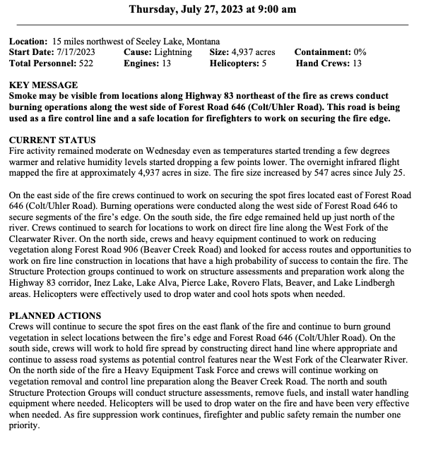 blairmiller's tweet photo. #ColtFire grew 547 acres since Tuesday, now at 4,937 and 0% contained. Up to 522 personnel. Still working spots on eastern flank, hand and dozer lines on S&N flanks. Favorable temps in 60s-70s but RH as low as 20% today, with slight chance of thunderstorms. #mtfire #mtwx https://t.co/2Glg5dBP53