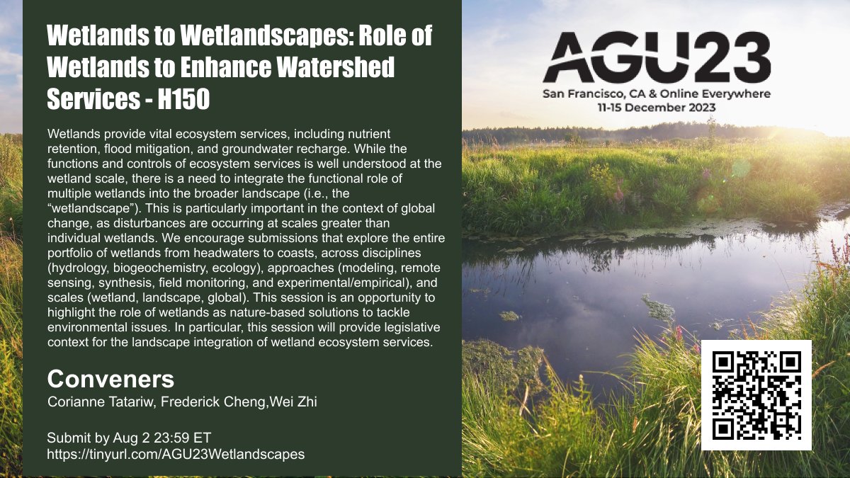 Frederick Cheng (@phred_cheng) on Twitter photo Now more than ever, wetlands are under threat - we're inviting research that highlights how wetlands can enhance hydrologic, biogeochemical, and ecological functions across spatiotemporal scales!
Submit here: tinyurl.com/AGU23Wetlandsc…
<a href="/AGU_H3S/">AGU Hydrology H3S</a> <a href="/AGUbiogeo/">AGU Biogeosciences</a> <a href="/AGU_WQ/">AGU Water Quality</a> <a href="/AGUecohydro/">AGU Ecohydrology</a> Now more than ever, wetlands are under threat - we're inviting research that highlights how wetlands can enhance hydrologic, biogeochemical, and ecological functions across spatiotemporal scales!
Submit here: tinyurl.com/AGU23Wetlandsc…
<a href="/AGU_H3S/">AGU Hydrology H3S</a> <a href="/AGUbiogeo/">AGU Biogeosciences</a> <a href="/AGU_WQ/">AGU Water Quality</a> <a href="/AGUecohydro/">AGU Ecohydrology</a>