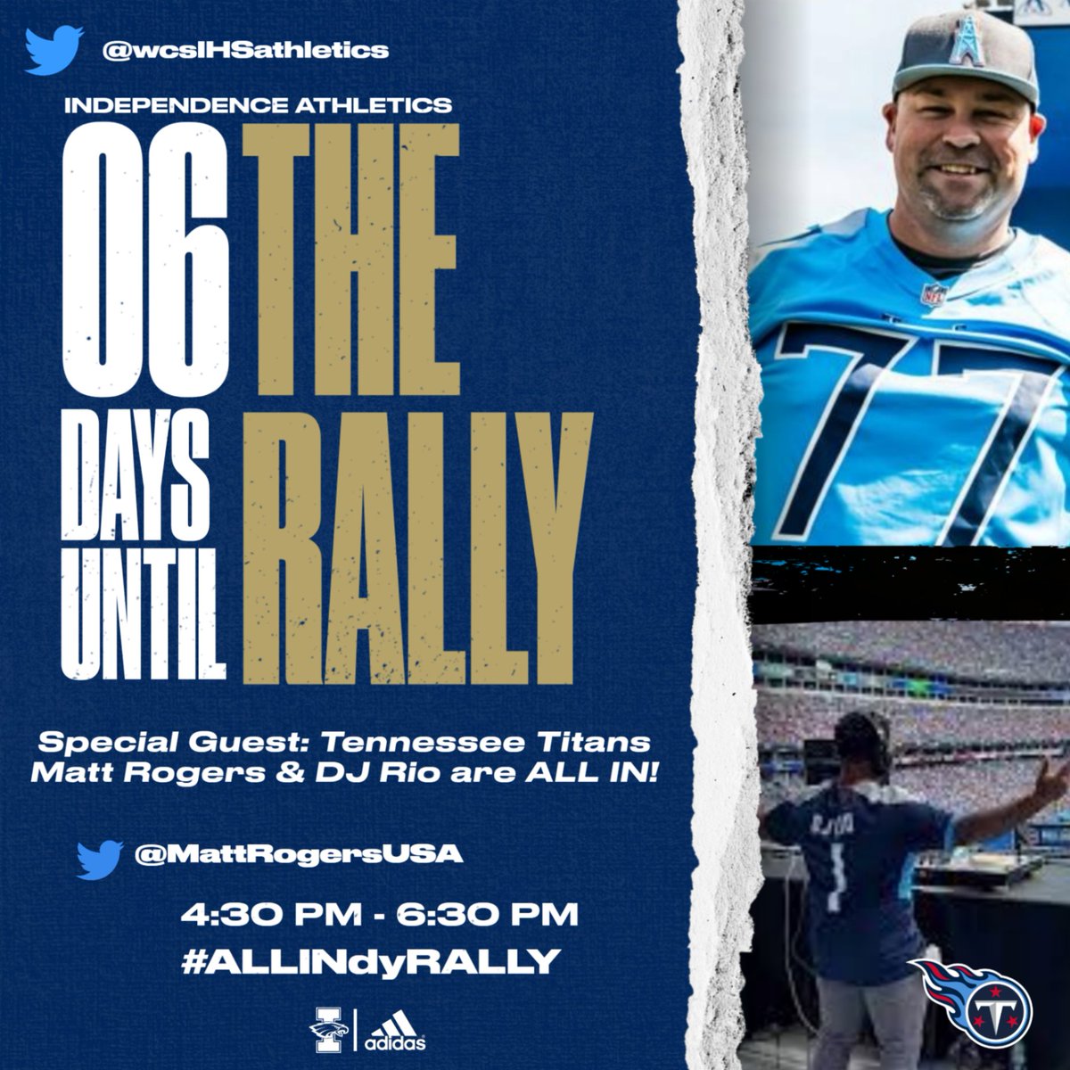 wcsIHSathletics's tweet photo. We are 6 days out from #TheALLINdyRally ! The @Titans and @titanscommunity are ALL IN!!
#ALLINdy | #INDY20 https://t.co/jE6uRz8V6U