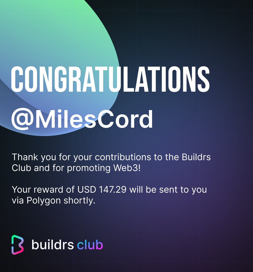 milesleads's tweet photo. π₯³Big thanks to @BuildrsIO for the amazing reward I just received through @0xPolygon! Am a proud member of #Buildrsπ https://t.co/fcQLUKEMKN