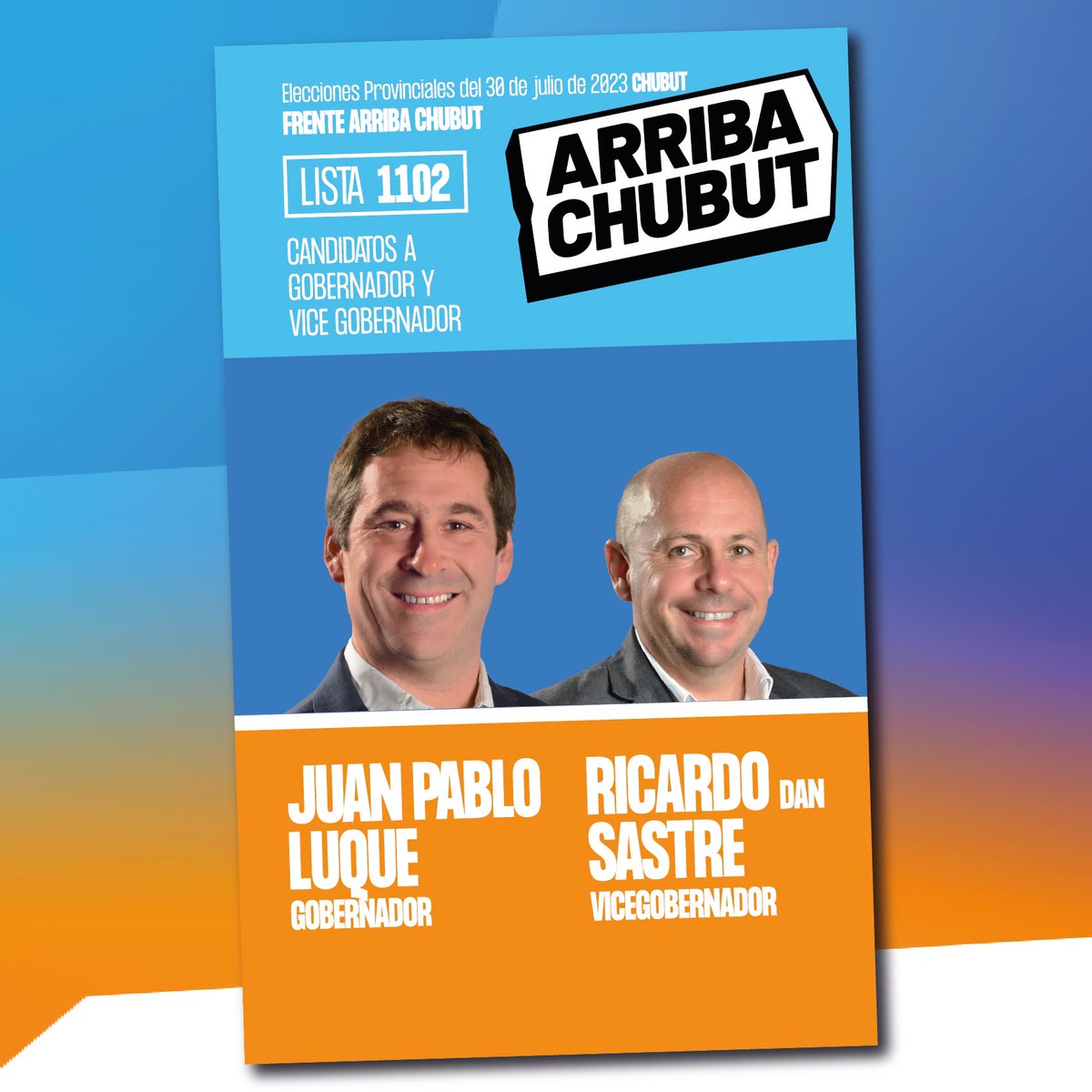 Este domingo 30 de julio vamos a poner de pie a #Chubut con <a href="/luquejuanpablo/">Juan Pablo Luque</a> gobernador y <a href="/ric_sastre/">Ricardo Sastre</a> vicegobernador 💙

🗳️ LISTA 1102

#ArribaChubut
