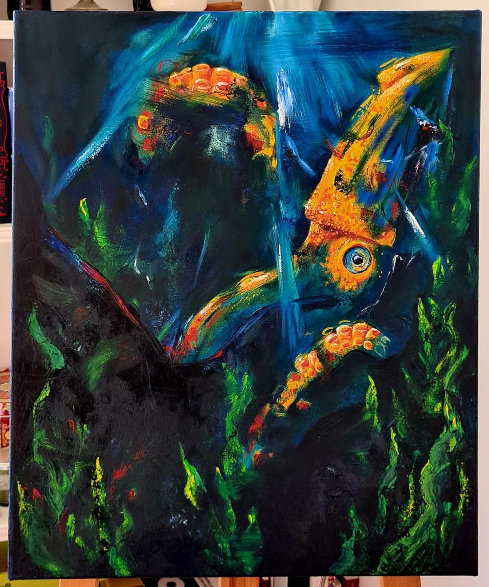 heptapus's tweet photo. one of my vacation goals is to paint more, and I've finally (kinda) finished my brother's birthday gift, so that's a start! 🦑

it's the largest oil painting I've done so far, so let's just hope he likes it 🤞🤞 https://t.co/zx1fKKR3y1