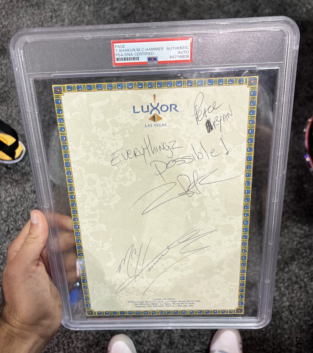 gurucollects's tweet photo. This is believed to be the last autograph that Tupac ever signed.

On September 7, 1996 Tupac was staying at the Luxor Hotel when he attended the Mike Tyson fight.

The front desk worker at the hotel was an autograph seeker, and would take Luxor letterhead to get signed by various celebrities.

On this night, he took his Luxor letterhead to the MGM Grand to see who he could find.

Earlier in the night, MC Hammer signed this piece.

Then later, as has been verified with security camera footage from the event, Tupac signed this autograph about 15 minutes before leaving the MGM Grand.

Tupac initially wasn’t signing autographs, but then recognized the front desk worker from the Luxor, and decided to sign for him.

Less than an hour after signing this autograph, Tupac was tragically shot and killed.