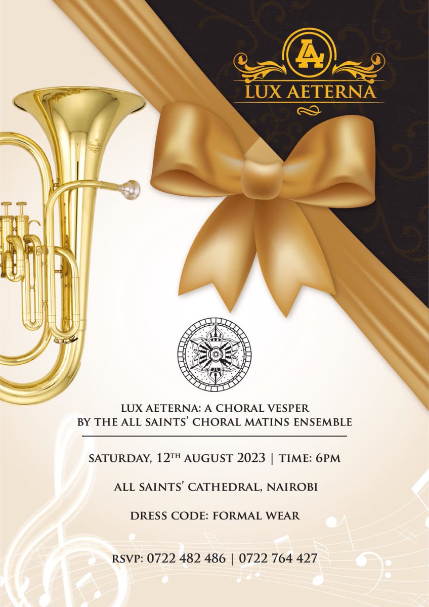 ASCchoirNairobi's tweet photo. It is back! 
Lux Aeterna, our unique musical event that gives you, the congregant, an opportunity to enjoy specially selected music: to sing, praise, and glorify the Lord for His goodness and mercy. 
#LuxAeterna 2023 Edition 
#TheDawnChorus🎶 
#ThePottersTune🎵 https://t.co/BAI5poegOn