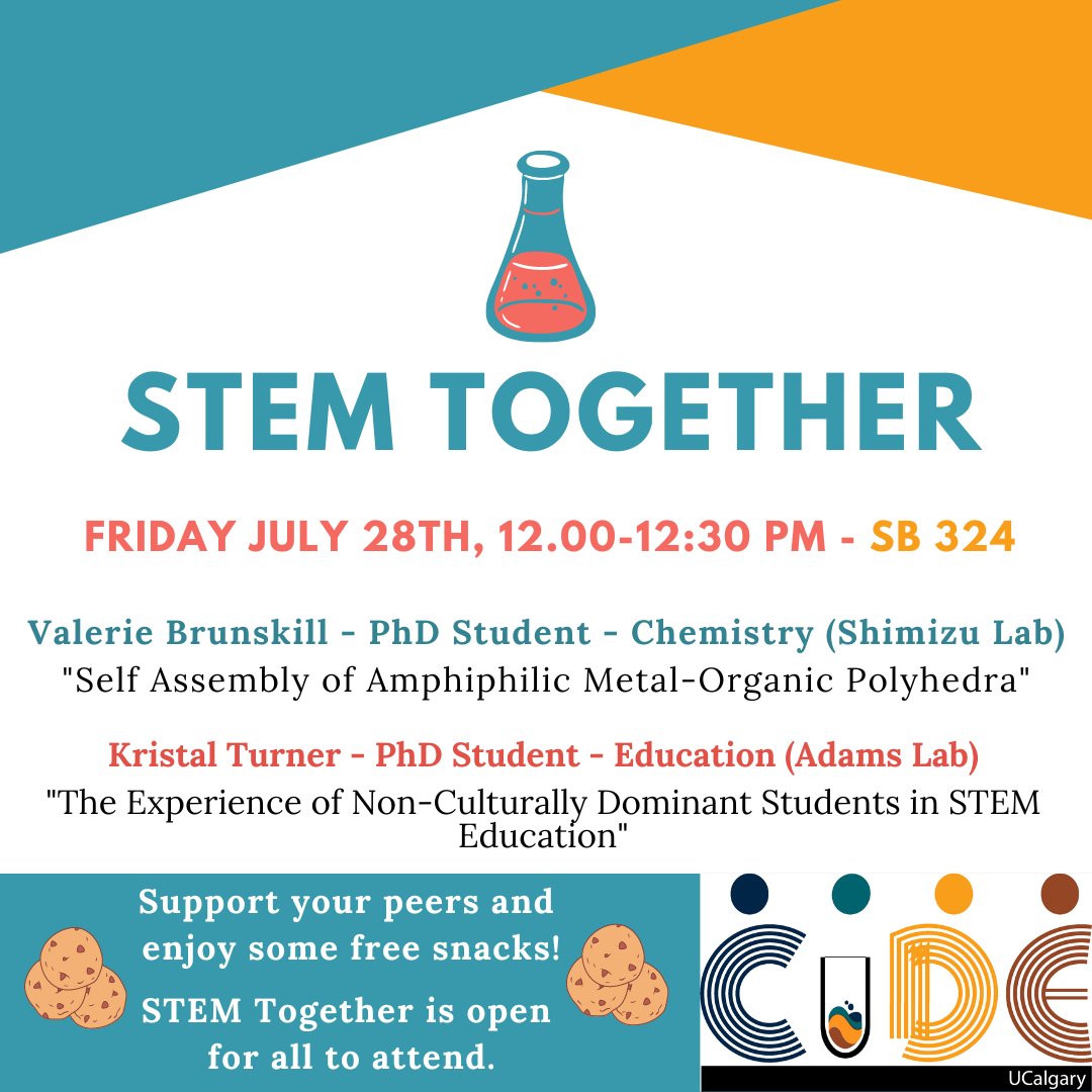 UCalgary_CIDE's tweet photo. Happy Thursday! We hope you will join us for another STEM Together! This time featuring the amazing Valerie Brunskill and Kristal Turner. Come hear about some research and get some free snacks! #STEMTogether https://t.co/8GXR0KpXiK
