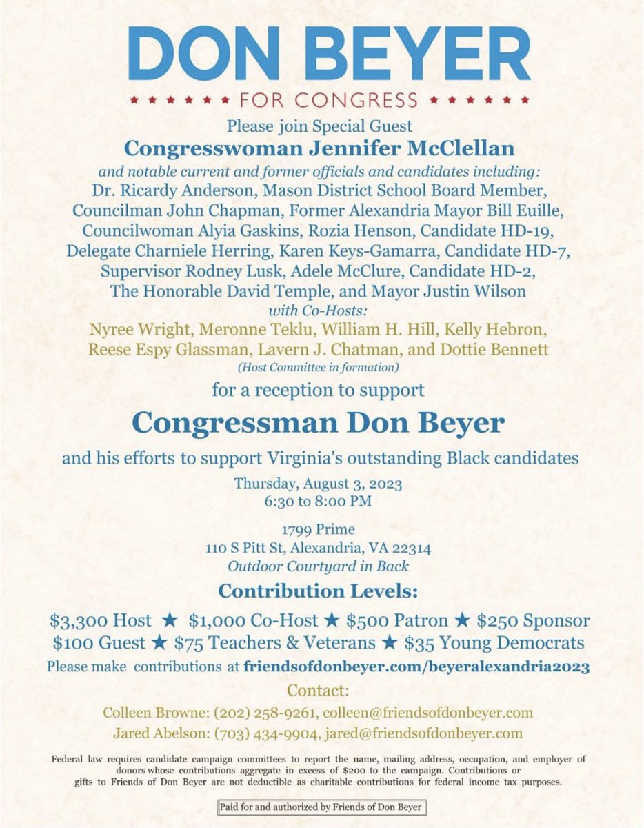 Join our Congressman @DonBeyerVA, special guests Congresswoman @JennMcClellanVA, Leader @DonScott757 & more on Thursday, August 3rd from 6:30 - 8:00 PM in Alexandria for a reception in support of Virginia's outstanding Black candidates. We hope you can join us!