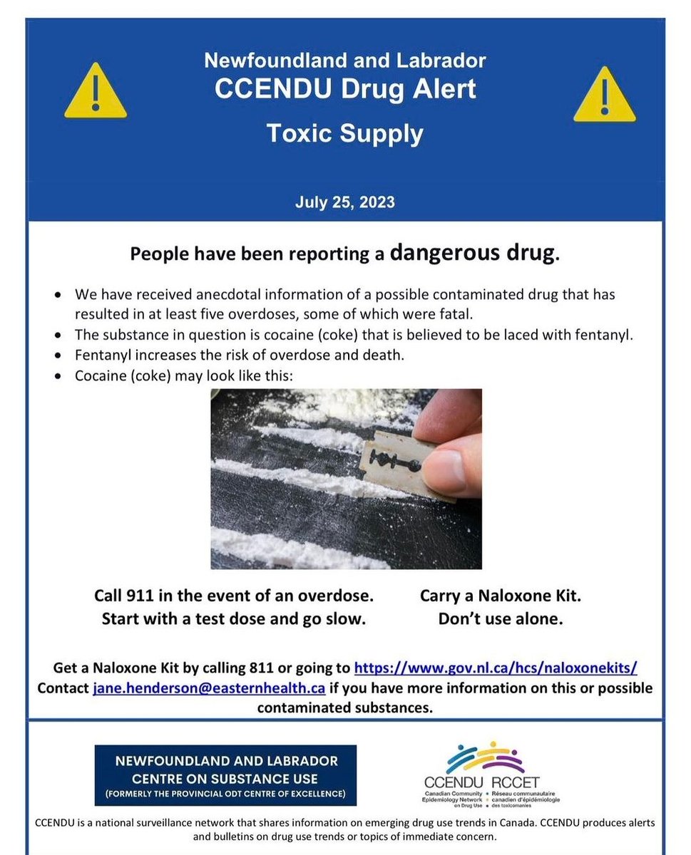 St. John's, Newfoundland & Labrador fentanyl drug poisoning warning issued by the Canadian Community Epidemiology Network on Drug Use (CCENDU). In cocaine. Healthcare workers say it has resulted in deaths in the region.