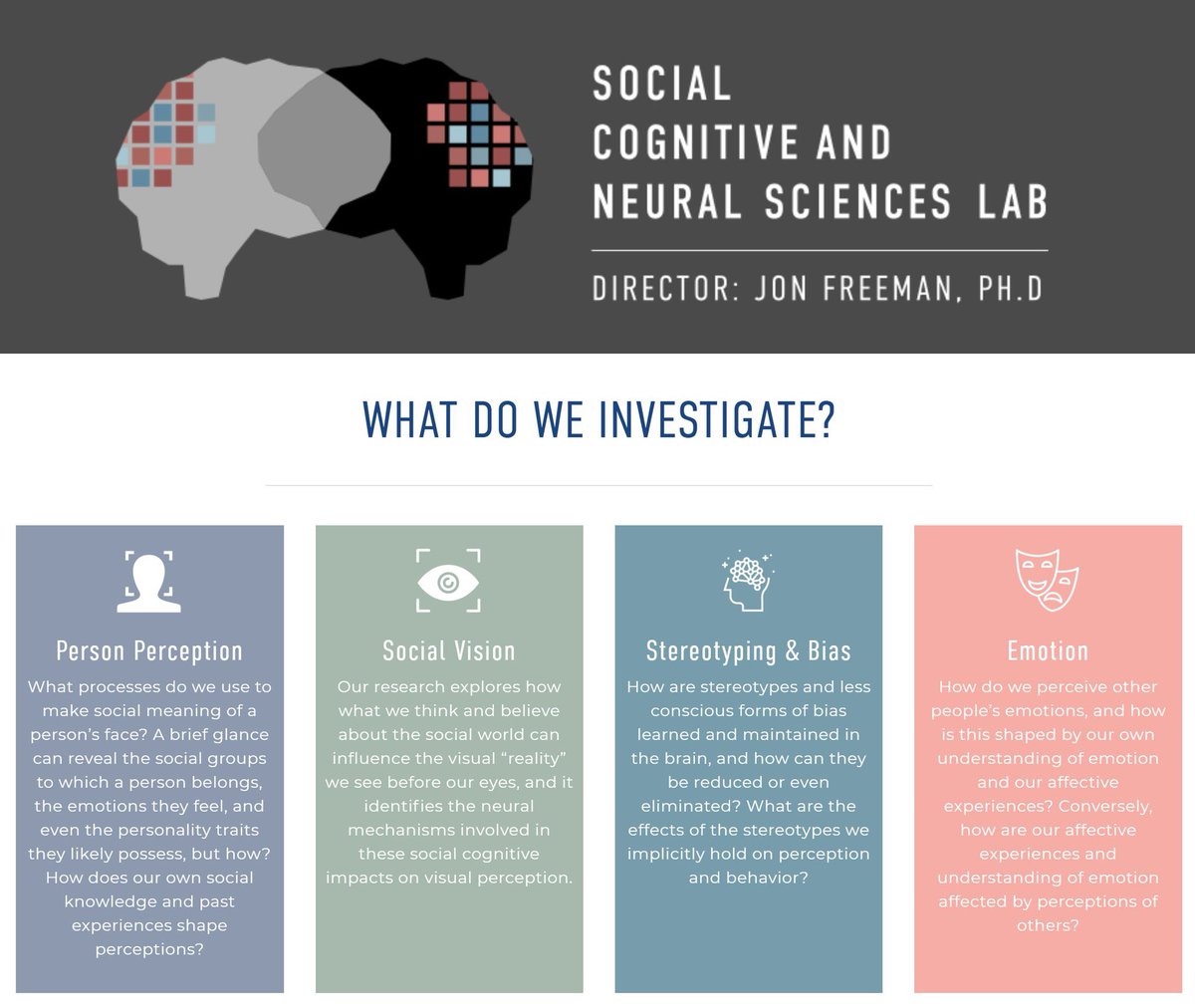 My lab has 1-2 open postdoc positions for September 2024 (or earlier)! We study person perception, bias and stereotyping, social categorization, emotion, and other topics using fMRI, behavior, and computational modeling. Non-neuro or neuro focus welcome.

freemanlab.org/postdocs2024