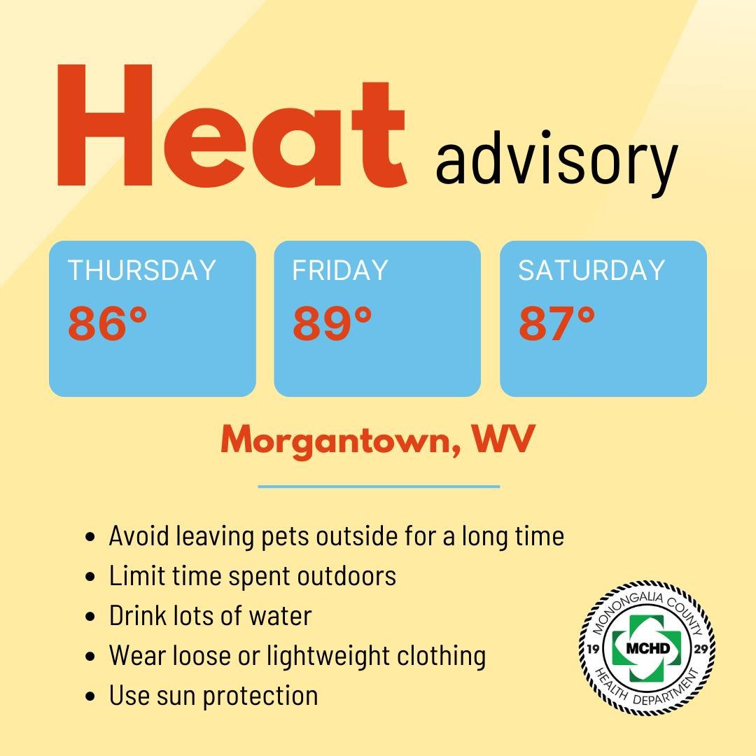 WVMCHD's tweet image. It's going to be a hot weekend, Monongalia County! Make sure to practice caution when in the sun, like staying hydrated and seeking shade. Don't forget about keeping your furry friends safe too. Read more: cdc.gov/nceh/features/… #HeatAdvisory #StayHydrated #WVMCHD