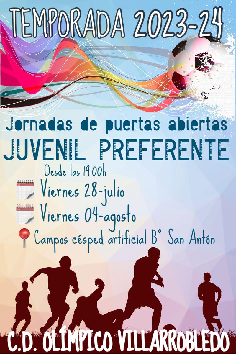 OlimpicoVdo's tweet photo. 🚨ATENCIÓN🚨
🗓️TEMPORADA 2⃣0⃣2⃣3⃣ - 2⃣0⃣2⃣4⃣

🚪JORNADA DE PUERTAS ABIERTAS
⚽️JUVENIL PREFERENTE⚽️

📅Viernes 28 Julio ⏰19:00 h
📅Viernes 4 Agosto ⏰19:00 h

🏟️Campos césped artificial B. San Antón

CLUB DEPORTIVO OLIMPICO VILLARROBLEDO

#olimpico #somosdeporte https://t.co/hXnTyvl580