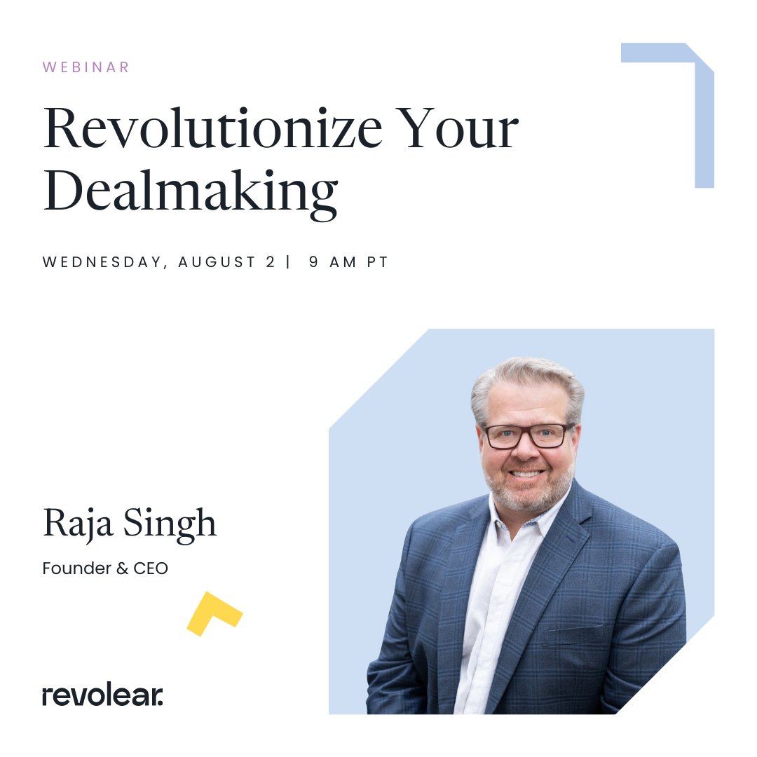 RevolearCorp's tweet photo. Join our CEO &amp; Founder, Raja Singh, live for an exclusive overview of how Revolear is changing the dealmaking process with its DealCraft solution. 
Sign Up now: https://t.co/Fqh3v52Q8w https://t.co/FJTlMnmFTY