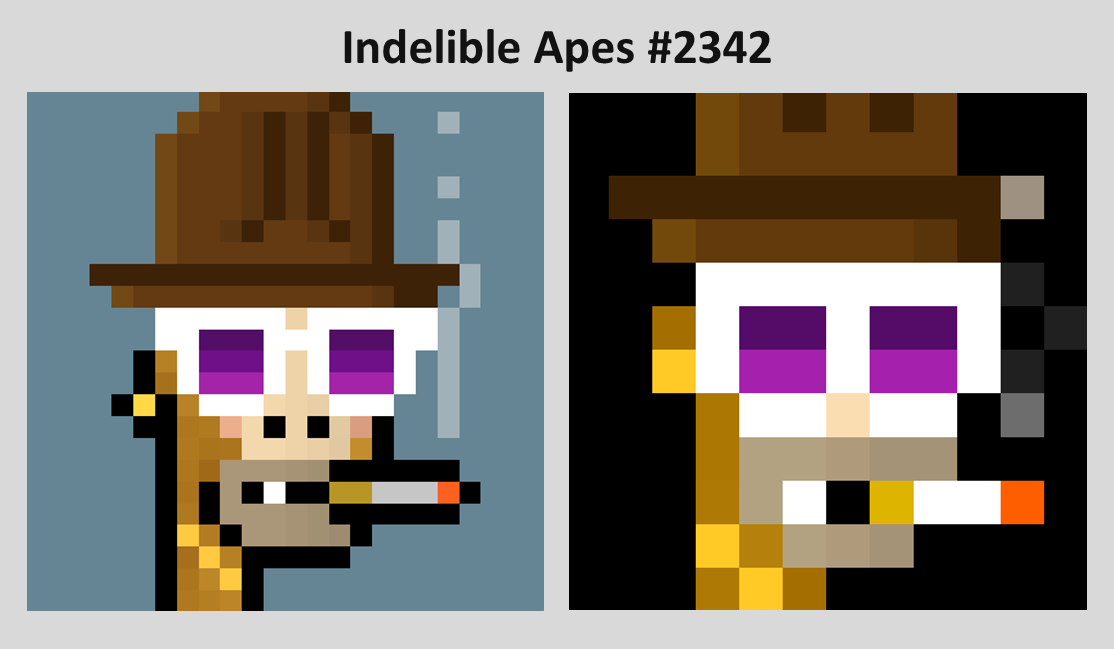 there are 73 (of 10k) apes with all 9 trait slots filled - here's one of them. Left = erc721, Right = #ethscription 
actively ethscribing @ indelibleapes.com