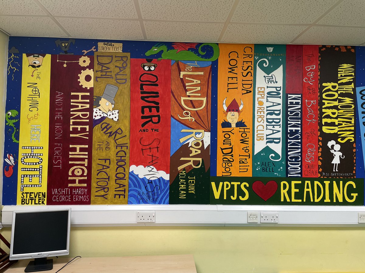 lbiddulph6's tweet image. It’s finished! Our school reading spine on display in the library. Has taken me and me my wonderful TA 5 months to finish -chipping away before school, lunchtime and school hols! @vashti_hardy @sbutlerbooks @JennyMcLachlan1 @Alex_Bell86 @OnjaliRauf @JessBAuthor @RossAuthor