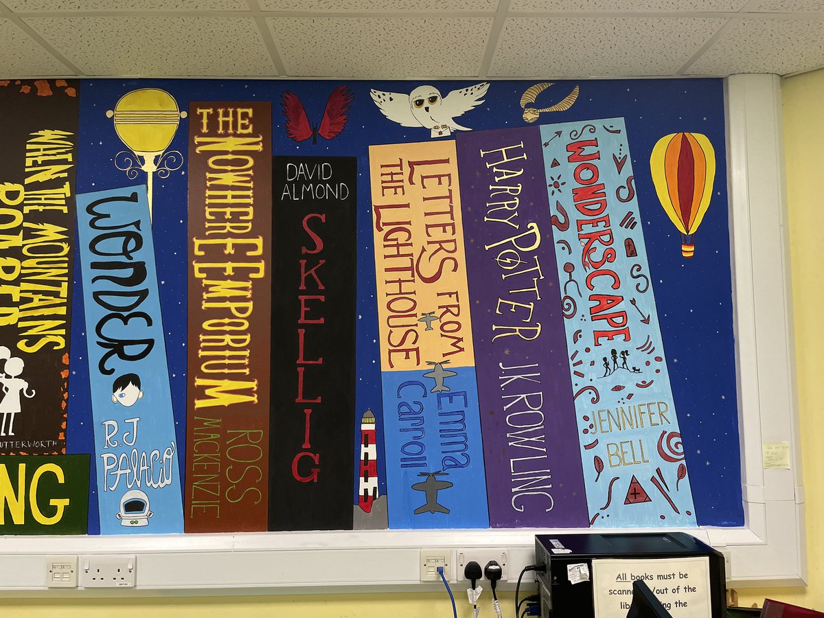 lbiddulph6's tweet image. It’s finished! Our school reading spine on display in the library. Has taken me and me my wonderful TA 5 months to finish -chipping away before school, lunchtime and school hols! @vashti_hardy @sbutlerbooks @JennyMcLachlan1 @Alex_Bell86 @OnjaliRauf @JessBAuthor @RossAuthor