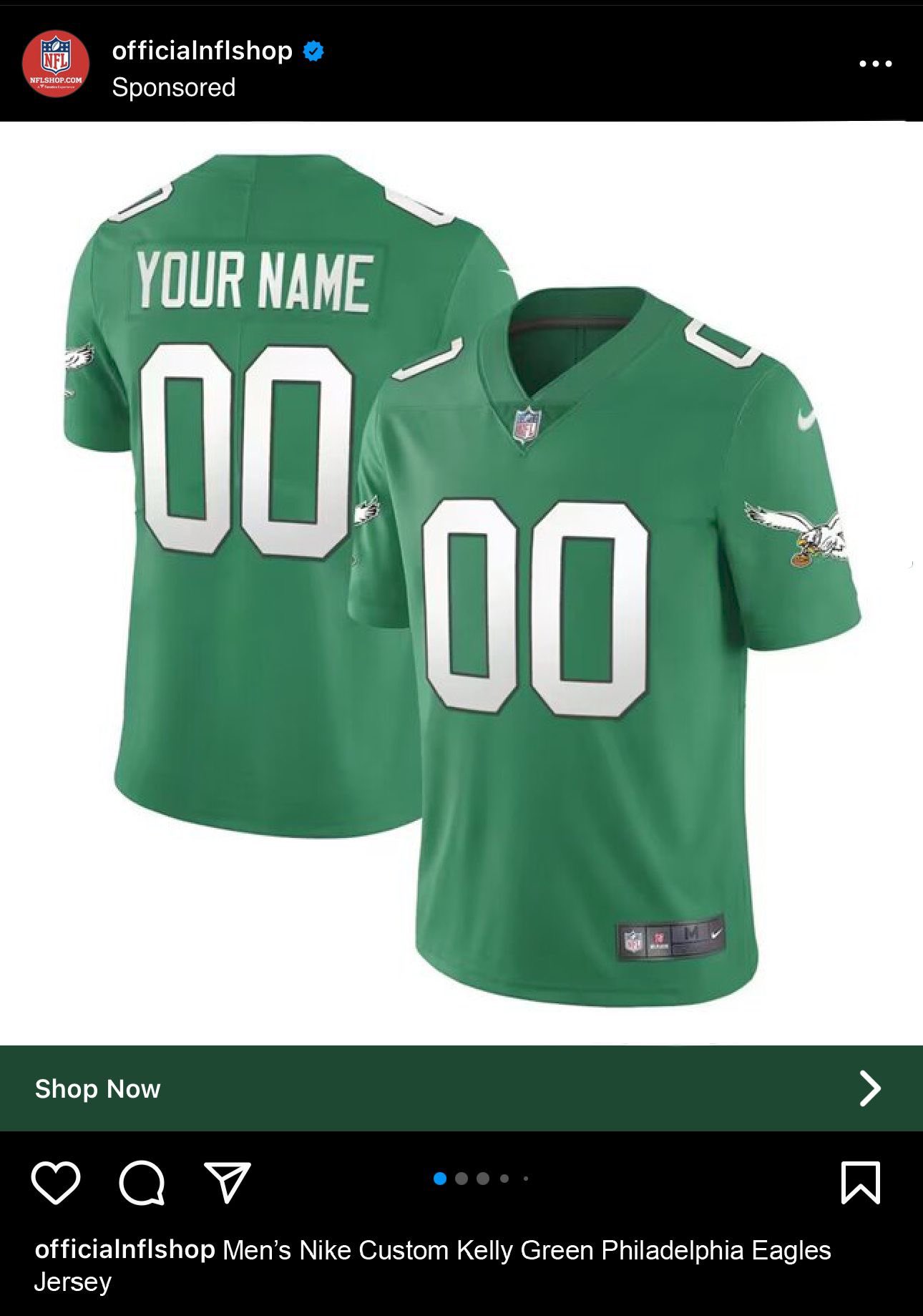 Eagles Nation on X: 'Received this screenshot via DM of someone apparently  receiving an NFLShop ad on their IG of a custom Kelly Green jersey. 