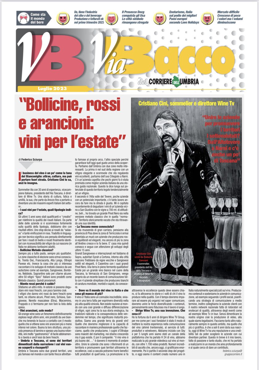 WinetvGroup's tweet photo. Grazie al @CorriereUmbria e a @federicosciurpa per l’articolo e la bellissima copertina dedicata al nostro direttore @cristianocini 👉🏻disegnata da Roberto Sansoni. 
@Corrierearezzo #corrieresiena
#interview #vino https://t.co/vs1U3wRB8M
