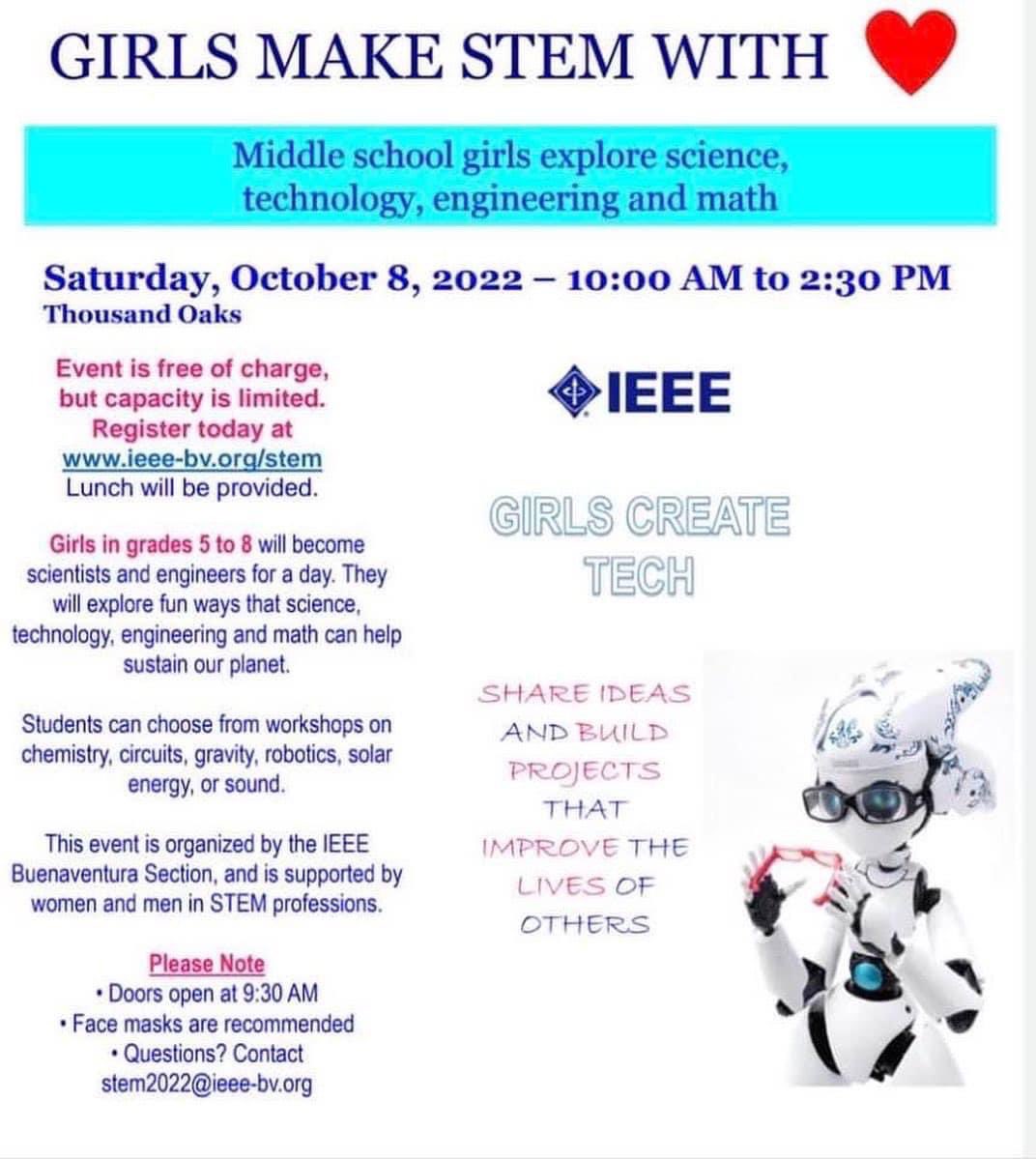 SteamSoCal's tweet photo. Great STEM event for Girls 5th grade - Middle School!

Girls in grades 5 to 8 will become scientists and engineers for a day. The event is free of charge, but capacity is limited. Lunch will be provided.
Register at: https://t.co/pbKJPcMoXg https://t.co/eTXajSy4QC