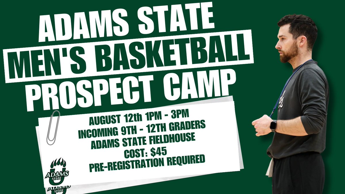 The Adams State Men’s Basketball Prospect Camp is now LIVE!

Join us August 12th from 1pm - 3pm for your chance to showcase your skills in front of our entire staff

Click the link below to learn more and get signed up! Spots are limited! 🐻🏀 #GoGrizz

adamsstatebasketballcamps.com/adams-state-me…