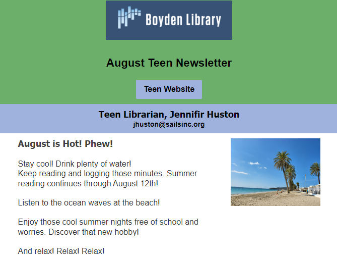 BoydenLibraryFX's tweet image. The August Teen Newsletter is published! Share with your teens, share with your friends. A lot of fun things happening this month! #teens #news #foxboro #events #summerreading

tinyurl.com/augustteennews