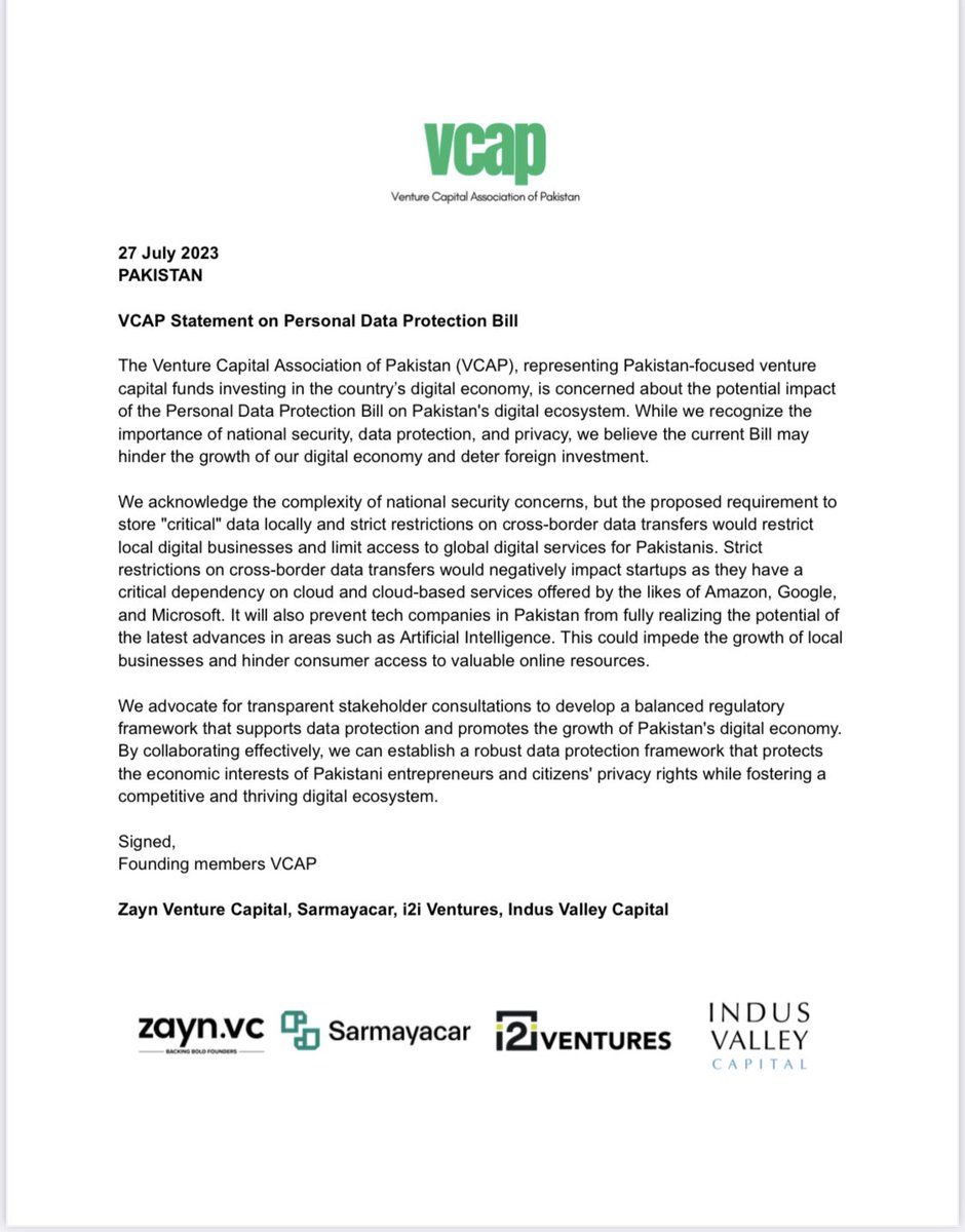 Pakistan’s current personal data protection bill will have an adverse impact on the country’s digital economy & startup ecosystem. We penned a statement as a founding member of VCAP, along with our colleagues at @indusvalleycap @Sarmayacar & @ZaynVentureCap. See attached:
