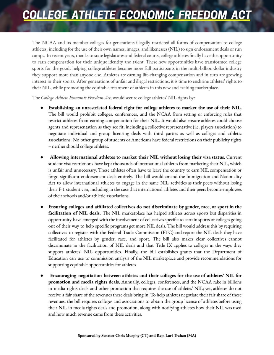 Yesterday, <a href="/ChrisMurphyCT/">Chris Murphy 🟧</a> &amp; <a href="/RepLoriTrahan/">Lori Trahan</a> introduced the #CollegeAthleteEconomicFreedomAct. Jonathan Grode, U.S. Practice Director &amp; Managing Partner, was part of a working group that created this bill for NIW student athletes: tinyurl.com/3d57bz33 #GreenSpiegelUS #NCAA #NIL