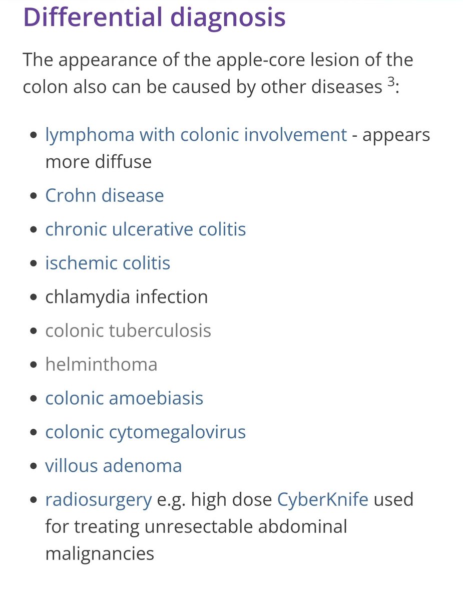 hezam8523's tweet photo. @Sthanu5 The apple core sign, also known as the napkin ring sign (bowel), is most frequently associated with constriction of the lumen of the colon by a stenosing annular colorectal carcinoma.
⬇️⬇️
For more information Ddx of Apple core sign
#FolloMee https://t.co/8F3Y7twEEJ
