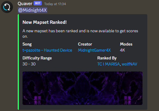 MidnightGamer4X's tweet photo. OMG AFTER 2 YEARS OF MAPPING FROM ZERO KNOWLEDGE  I GOT MY FIRST-EVER RANKED MAP IN QUAVER I AM SO HAPPY RIGHT NOW https://t.co/mpUIP2MiUt