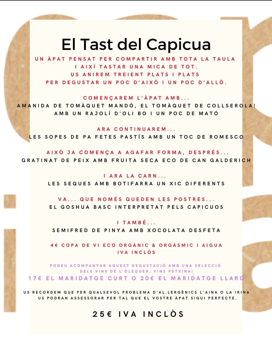 cuinetescapicua's tweet photo. Heu vist el #TastdelCapicua i les #DegustacionsdelCapicua q farem aquest #CapdeSetmana?
#DijousNit, #DivendresNit, #DissabteMigdia i #DissabteNit!
#Degustar #Compartir #Degustació #SlowFood #Km0 #Eco 935809635 https://t.co/eq0I7aSMpX
