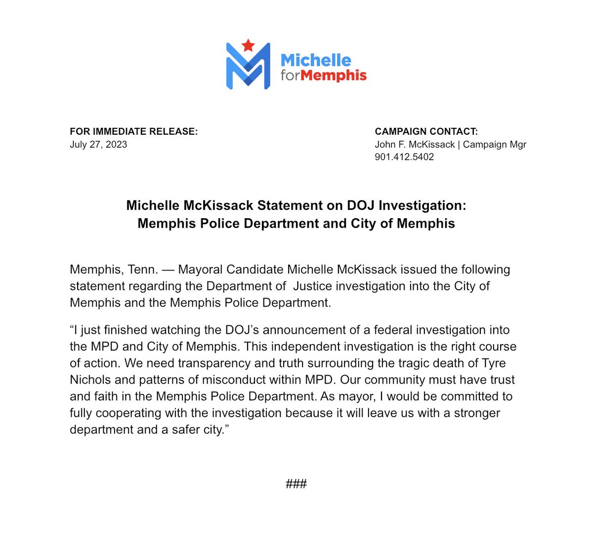 MicMcKiss's tweet photo. I’m hopeful the DOJ will help us find the truth surrounding the death of Tyre Nichols. https://t.co/hCpgRzjFJ5