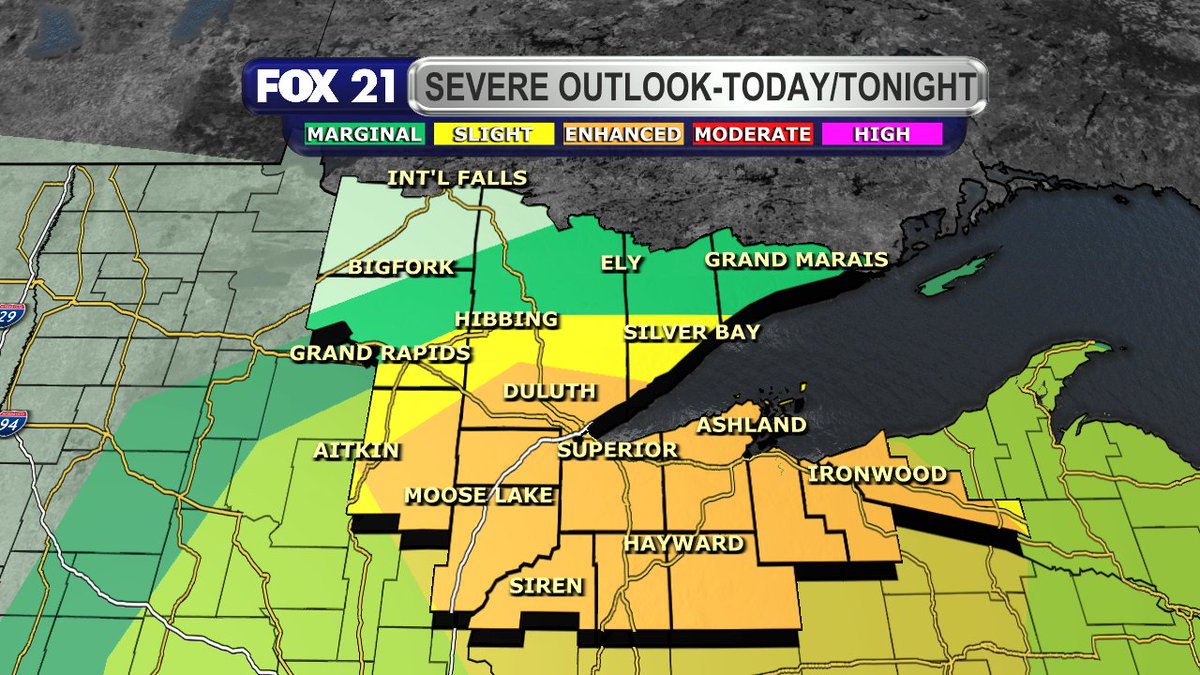 KenSlama's tweet photo. There is now an enhanced risk of severe weather this afternoon in the Northland with storms capable of producing wind gusts up to 75 mph and 2" diameter hail. @KQDS_FOX21 #mnwx #wiwx https://t.co/hoc5wHBKMS