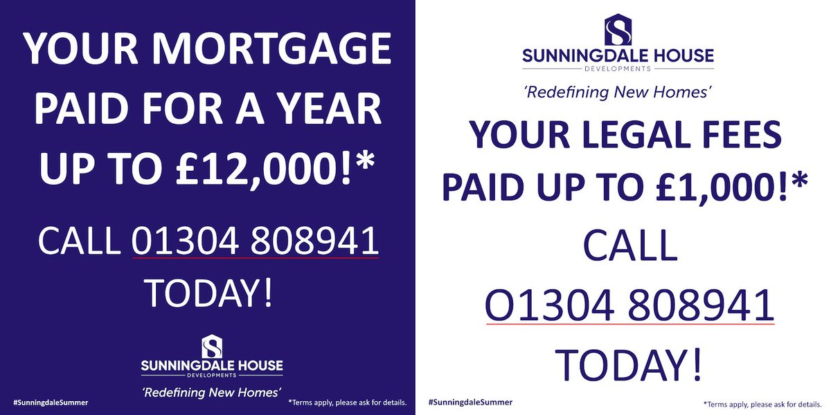 WITH THESE OFFERS IT'S NEVER BEEN EASIER TO MOVE INTO A BRAND NEW SUNNINGDALE HOME!
• Your LEGAL FEES PAID up to £1,000! (ENDS MONDAY!)*
• Your MORTGAGE PAID for a year up to £12,000!*

Visit sunningdalehouse.co.uk now for details. #SunningdaleSummer

*Terms apply.