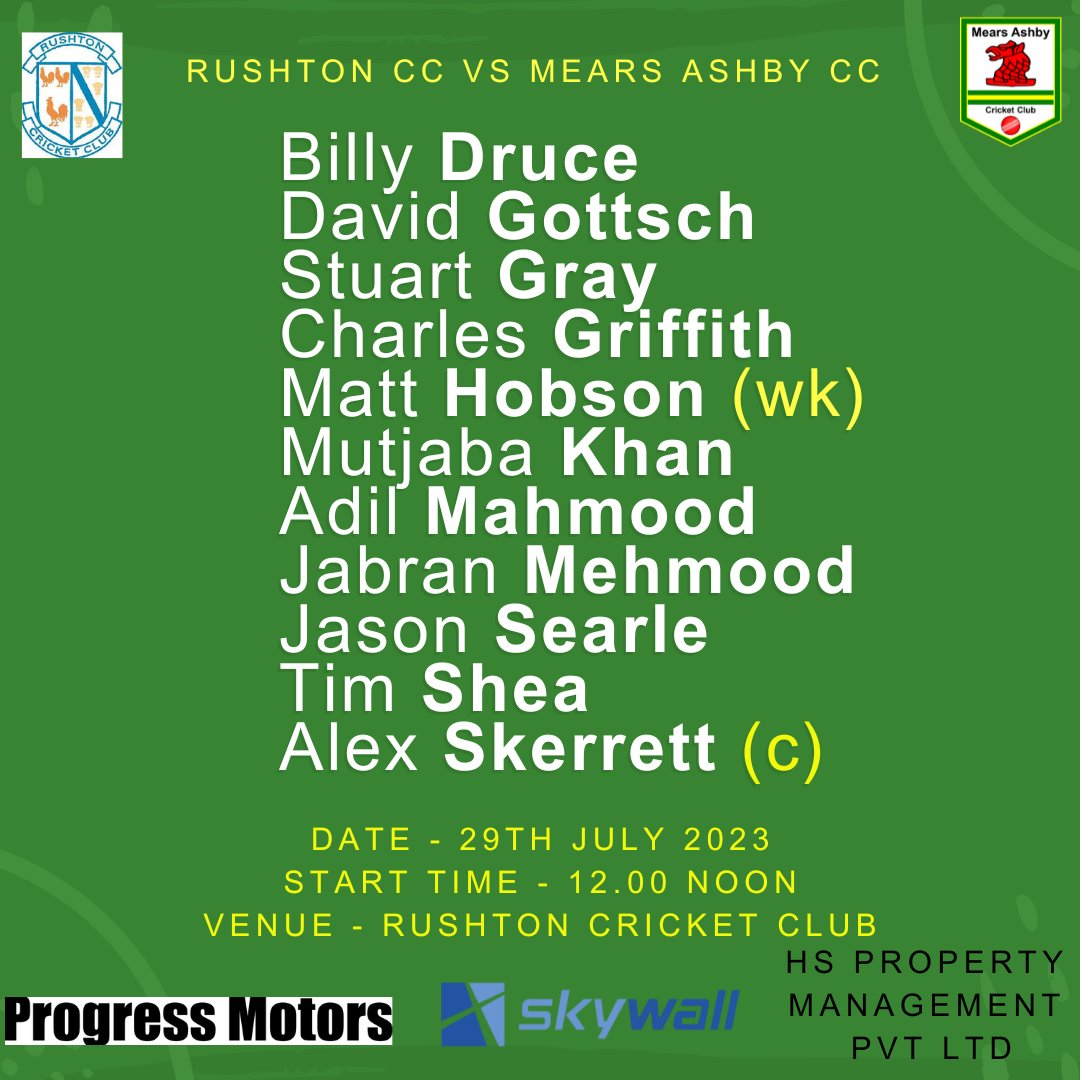 MearsAshbyCC's tweet photo. The teams for this Saturday's games.  Our 1st XI travel to @Rushtoncricket and our 2nd XI host @BugbrookeCC.

Good luck to all those playing! 🏏

#MACC https://t.co/3ONwLGJ9K2