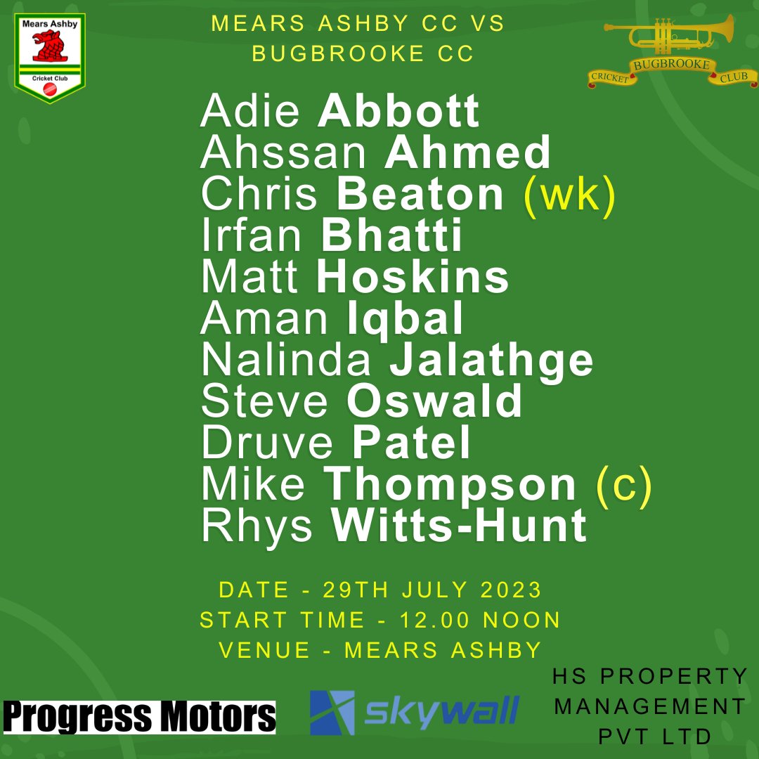 The teams for this Saturday's games.  Our 1st XI travel to <a href="/Rushtoncricket/">Rushton Cricket Club</a> and our 2nd XI host <a href="/BugbrookeCC/">Bugbrooke C.C.</a>.

Good luck to all those playing! 🏏

#MACC