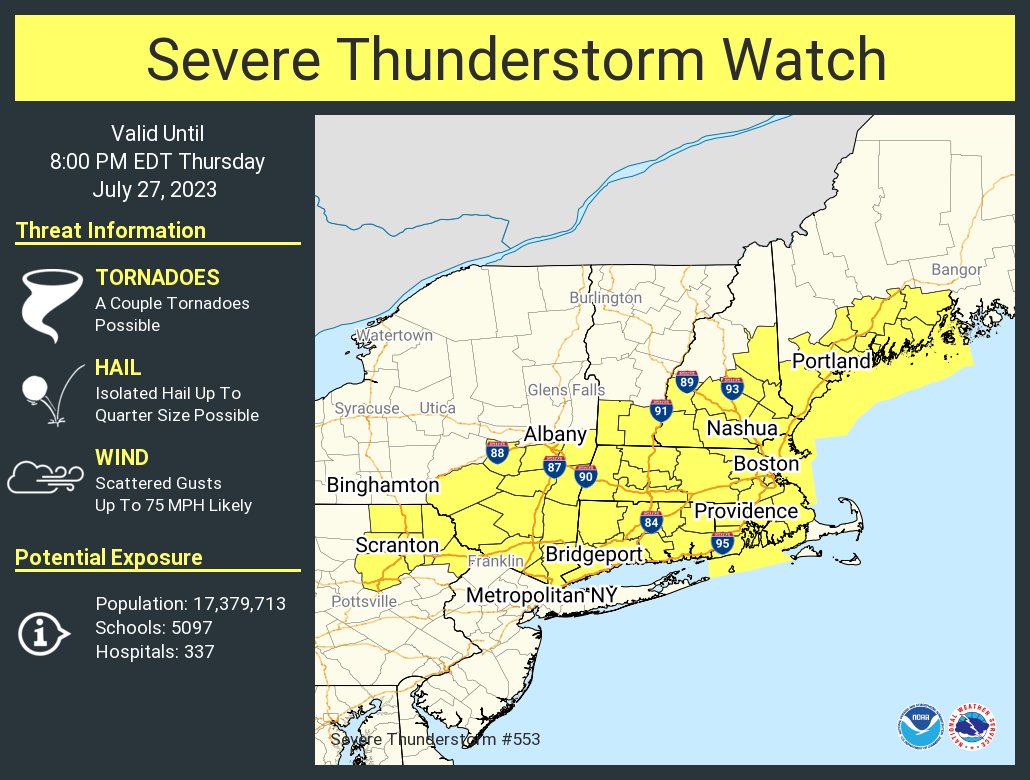 NWSSevereTstorm's tweet image. A severe thunderstorm watch has been issued for parts of CT, ME, MA, NH, NY, PA, RI, VT until 8 PM EDT