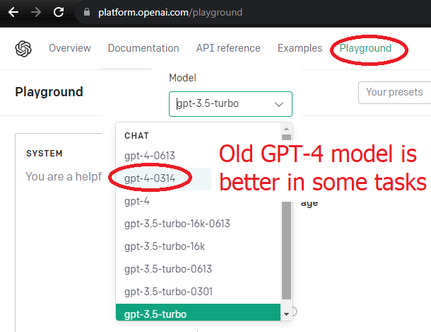 StevenXGe's tweet photo. The latest "upgrade" to GPT-4 significantly degrades its performance, dropping from ~90% to ~5% in some tests.  You can use the old (3/14) version in the "Playground" at the OpenAI website, or through API.  I am switching https://t.co/7dsucYepH1 app to this GPT-4 model. https://t.co/QGrzVUXf2s