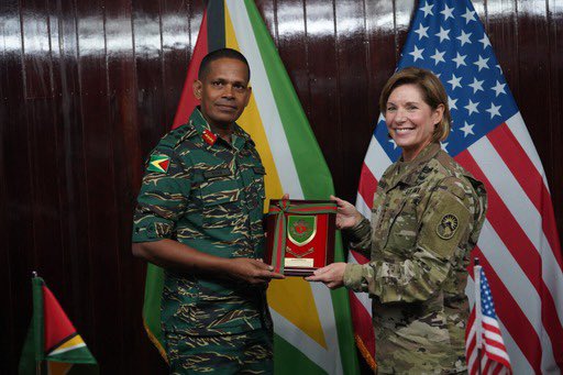 Southcom's tweet photo. Today in Guyana, #SOUTHCOM Commander Gen. Laura Richardson met with Guyana Defence Force Chief of Staff Brigadier Omar Khan to discuss strengthening defense cooperation. The U.S. &amp; Guyana share a longstanding security partnership. @EmbassyGuyana  @USAmbGuyana https://t.co/Ae6oelt59S